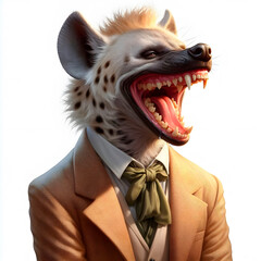 Creative animal concept. Hyena laughing with teeth bared and watching wearing elegant clothes on white background
