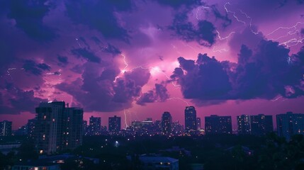Fototapeta premium A city is lit up with lights and the sky is filled with lightning