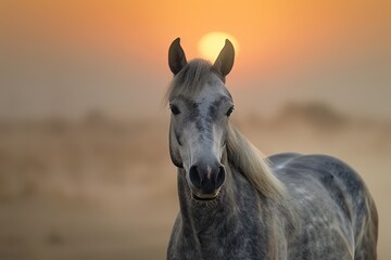 Grey Horse's Serene Presence: Quietude of Sunrise in the Desert