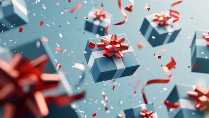 3d rendering of blue gift boxes with red and white ribbons flying in the air on light background