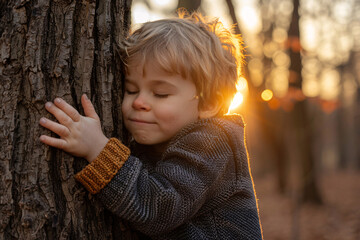 A young boy hugging a tree, saving the environment for the next generation concept - 798692313