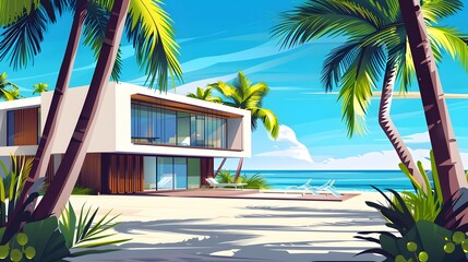 Geometric abstract house or hotel. Beach house or villa among palm trees. Summer vacation concept background with copy space - obrazy, fototapety, plakaty