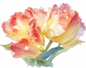 Vibrant tulips with dewdrops, rich reds and soft yellows, detailed and fresh, isolated on white background, watercolor - obrazy, fototapety, plakaty