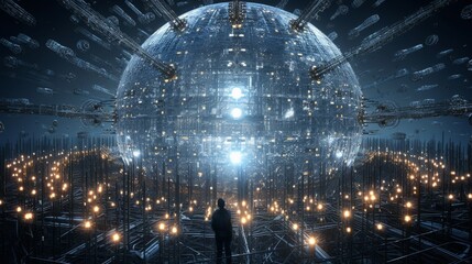 Futuristic concept of a Dyson Sphere under construction in outer space, depicting advanced technology