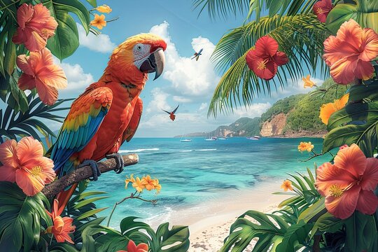 colorful parrots in tropical beach paradise with palm trees, exotic flowers, and beaches, where summer never ends. illustration