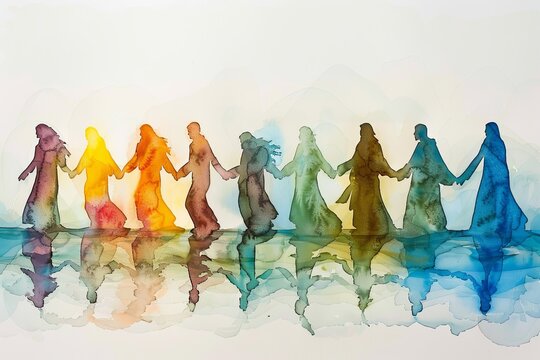 Christian Disciples Unity: Watercolor Silhouette Spiritual Journey