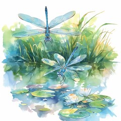 Vivid dragonflies dancing over a still pond, iridescent wings catching light, detailed and graceful, isolated on white background, watercolor - obrazy, fototapety, plakaty