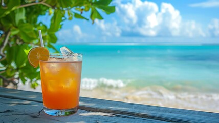 fresh juicy orange juice on the seashore selective focus