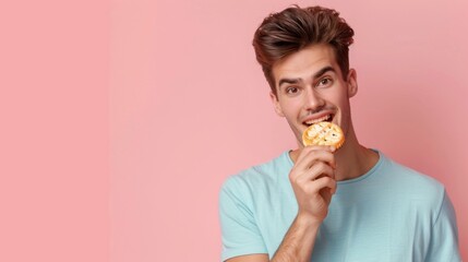 Man eat biscuit snack for tea time copy space isolated blue