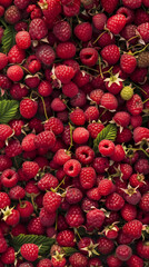 A flat lay composition of a raspberry field, emphasizing the texture and vibrant details of the berries and their natural setting.
 - obrazy, fototapety, plakaty