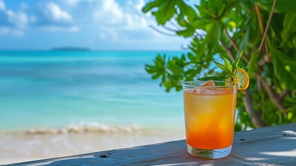 fresh juicy orange juice on the seashore selective focus