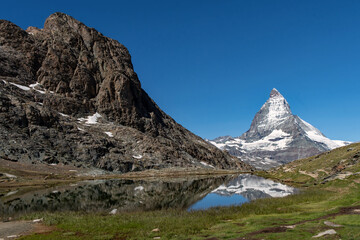 View of the snow covered Matterhorn Mountain in the Swiss Alps