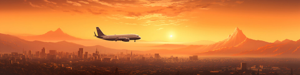 An airplane flying over at sunset. Hot tones panorama.