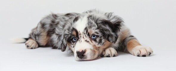 A liver and white dog breed with blue eyes, laying on a white surface