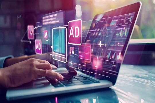Digital marketing commerce online sale concept, Businessman use laptop with advertising on website. planning advertising marketing strategies to target social media native, ad, advertisers, sales