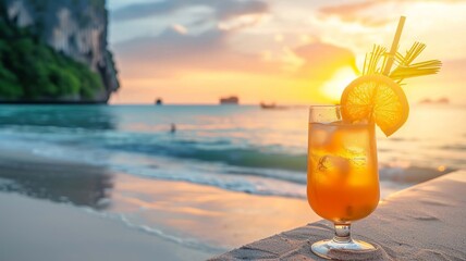 fresh juicy orange juice on the seashore selective focus
