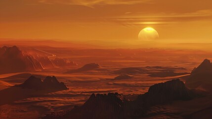 Desert landscape on alien planet,sand dunes and sun set in background. Science fiction scene.