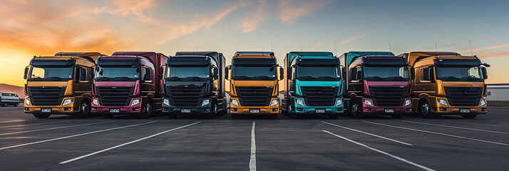 Many big trucks. Frontal panoramic view.