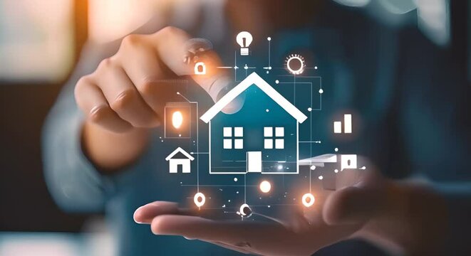 Real estate investment concept. Man touch virtual house icon for analyzing mortgage loan home and insurance real property mortgage. interest rate, Investment planning, business real estate