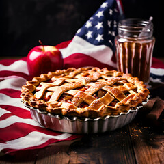 yummy apple pie on a table with the American flag concept of American patriotism,generate ai