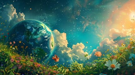 Obraz na płótnie Canvas A whimsical illustration of the Earth as a flourishing garden, with diverse ecosystems blooming