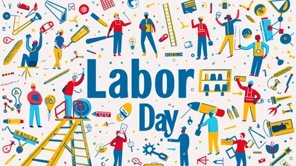 A colorful illustration of people of various professions celebrating Labor Day.