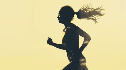Silhouette of a sporty running woman taking part in sport competitions on light neutral background - obrazy, fototapety, plakaty