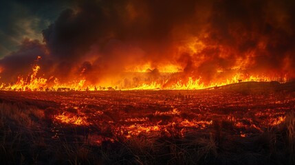 A wildfire burns across a field at night. - obrazy, fototapety, plakaty