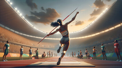 Atleta di atletica leggera impegnata nel lanciodel giavellotto, sport olimpico, femminile. - obrazy, fototapety, plakaty