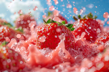 Ripe strawberry splash with strawberry juice droplets.