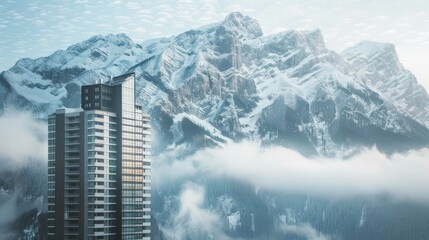 Architectural Majesty: Skyscraper Against Mountain