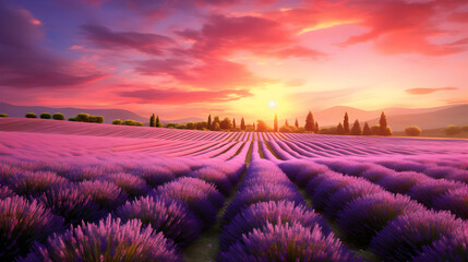 Lavender flower field with sunset view