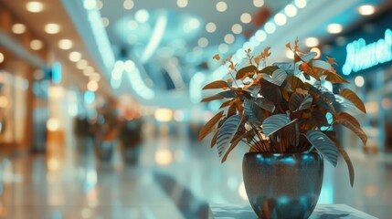 Elegant potted plant in sharp focus inside a blurry upscale shopping mall, with glowing lights and luxury ambiance