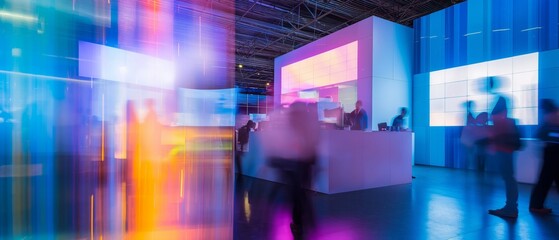 Capturing the lively atmosphere at an international business convention with attendees walking by vibrant illuminated booths in blurred motion