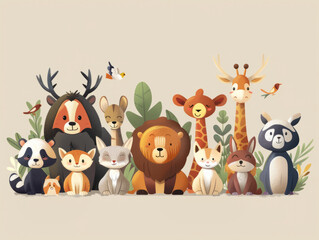 3D cute many kinds of animals together