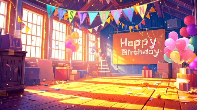 An Empty birthday Party Room, ready for celebration. Anime or digital painting style, looping 4k video animation background