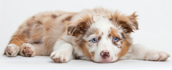 A liver and white dog breed with blue eyes, laying on a white surface