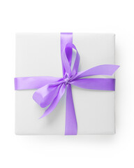 Top view of white paper present box with lavender ribbon isolated on white background