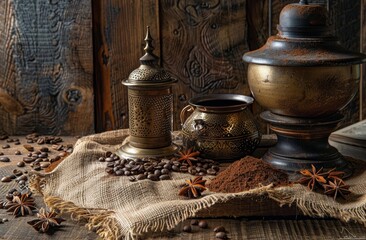 The quaint wooden table is adorned with a rustic burlap cloth and showcases a vintage coffee mill, Generated by AI - obrazy, fototapety, plakaty