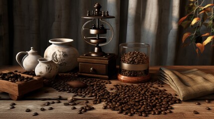 The rustic table with a burlap cloth showcases an antique coffee mill, Generated by AI - obrazy, fototapety, plakaty