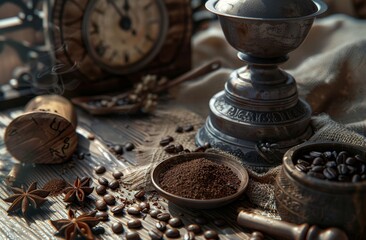 The vintage coffee mill adds charm to the rustic wooden table draped with a burlap cloth, Generated by AI - obrazy, fototapety, plakaty