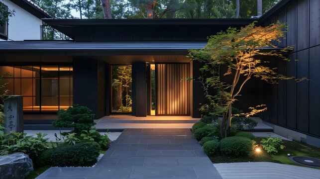 Main entrance door. Japanese, minimalist style exterior of villa in forest. Black panel walls and timber wood lining front door. Front yard with beautiful landscape design