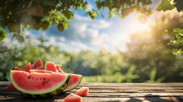 Sliced Watermelon on Wooden Table in Sunlit Outdoor Setting