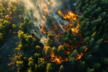 Forest fire, aerial view from above.