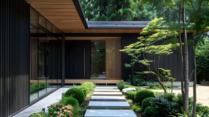 Main entrance door. Japanese, minimalist style exterior of villa in forest. Black panel walls and timber wood lining front door. Front yard with beautiful landscape design