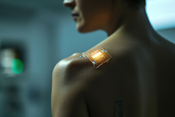 Woman with futuristic nanotech chip implant on shoulder in hospital. Human-technology synergy symbolizing healthcare innovation.