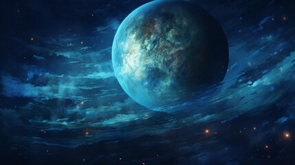 Dreamy alien landscape with glowing moons, shimmering oceans, and mountainous terrain