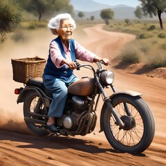a  senior woman riding a vintage unbranded fictional motorcycle on a dirt road