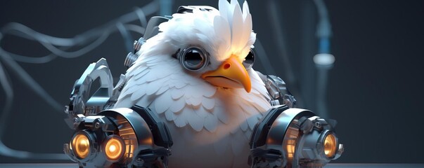 3D graphic of a robotic chicken with a light bulb for a head, suitable for technology themes, with space for text