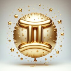 Golden Gemini zodiac sign, 3D golden zodiac sign in the form of a balloon surrounded by stars.